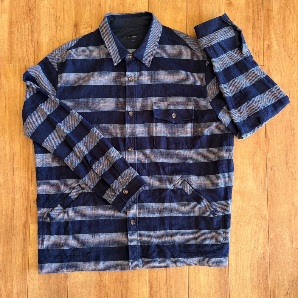 J by J Crew Men's Navy Blue Gray Stripe Long Sleeve Button Up Shirt Jacket